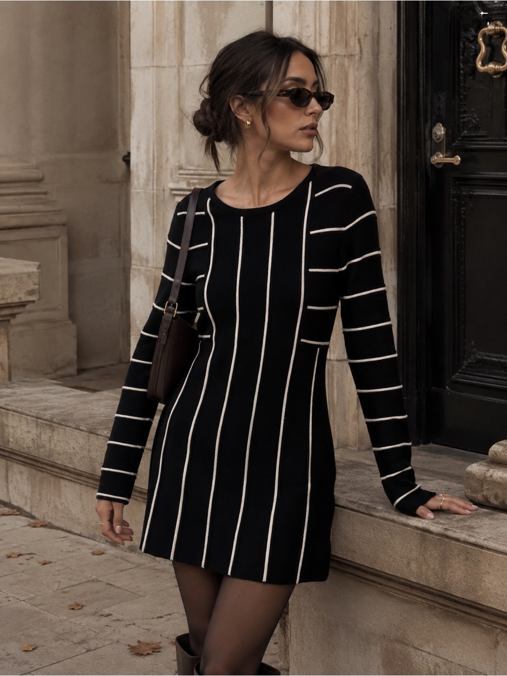 Alice + Olivia Scoop Wool Sweater Dress Black Stripe Mod Quiet Luxury Mini